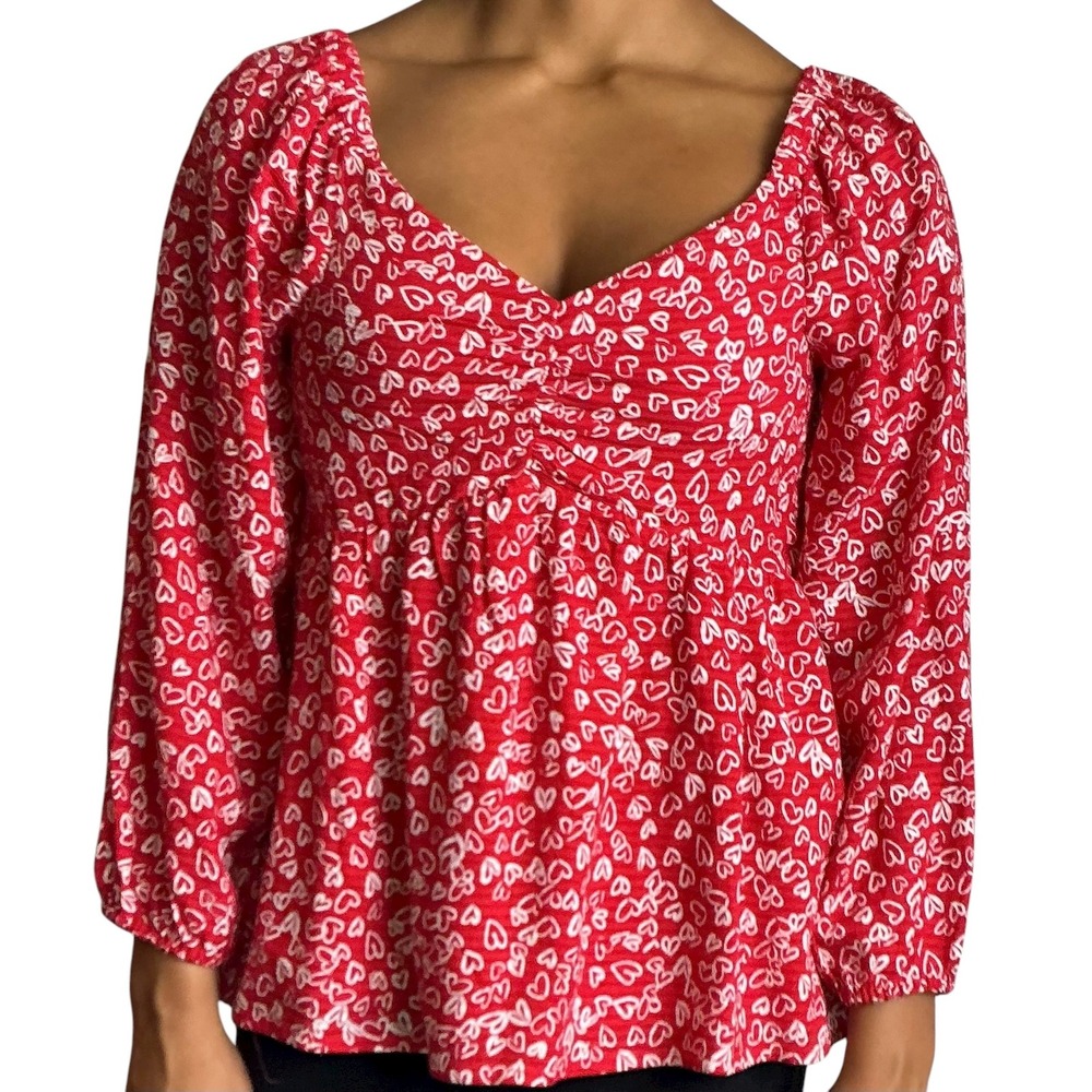 LOFT Red Heart Print Long Sleeve Top Ruched Sweetheart Blouse Size 2‎